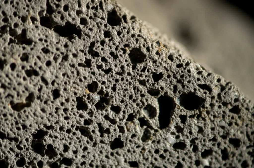 Immagine macro ad alta definizione di una sezione sottile di roccia carbonatica porosa, illuminazione laterale controllata per evidenziare la texture, lente macro 100mm, focus nitido sulla complessa rete di pori interconnessi e dissolti.
