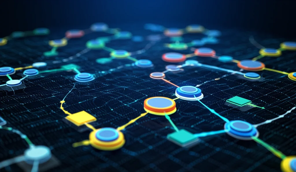 Visualizzazione astratta di un algoritmo di machine learning ibrido (SA-GA + XGBoost), con flussi di dati convergenti verso una soluzione ottimale, stile wireframe digitale, colori primari brillanti su sfondo scuro, profondità di campo.
