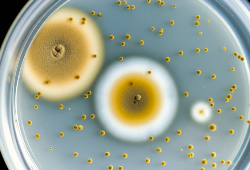 Piastra di Petri con crescita fungina di Aspergillus flavus parzialmente inibita da nanoparticelle di olio di cumino, zona di inibizione visibile, obiettivo macro 60mm, messa a fuoco precisa.