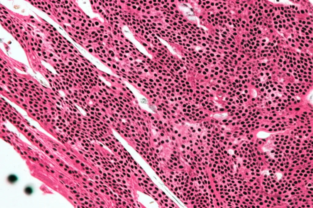 Microscopia ad alta risoluzione di cellule di osteosarcoma che mostrano segni iniziali di ferroptosi, con accumuli di ferro visibili (punti scuri). Obiettivo macro 100mm, alta definizione, illuminazione controllata per evidenziare le strutture intracellulari e i lipidi perossidati.