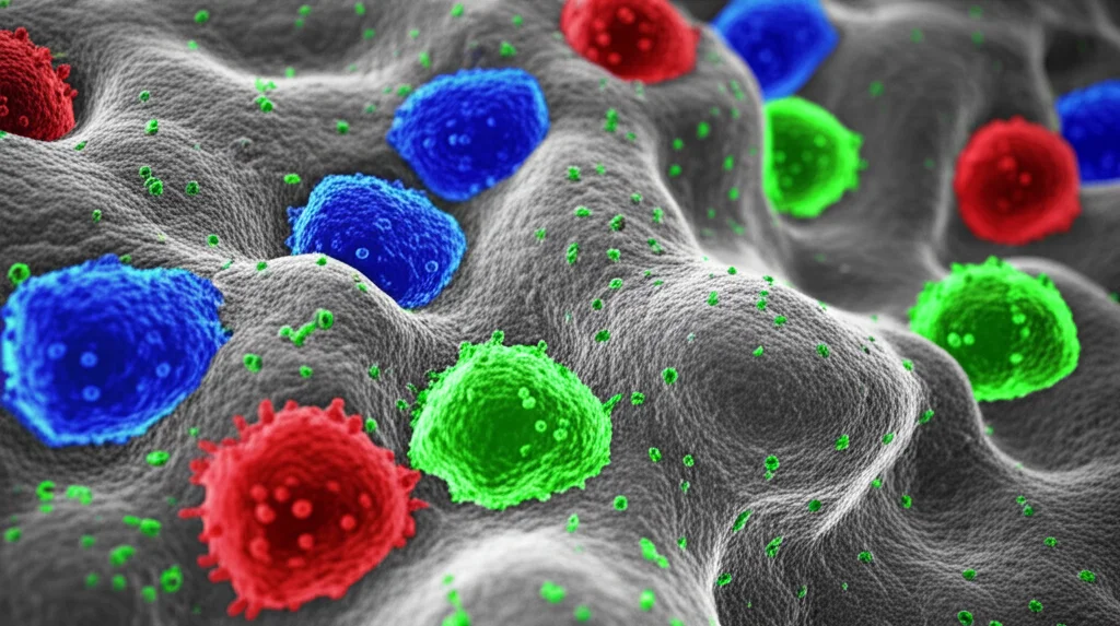 Visualizzazione 3D del microambiente tumorale dell'osteosarcoma, con cellule immunitarie (linfociti T CD8+ in blu, macrofagi M1 in rosso) che infiltrano attivamente il tessuto tumorale (cellule OS in grigio/verde). Obiettivo grandangolare 24mm, profondità di campo per mostrare l'interazione complessa, illuminazione drammatica che evidenzia le cellule immunitarie.