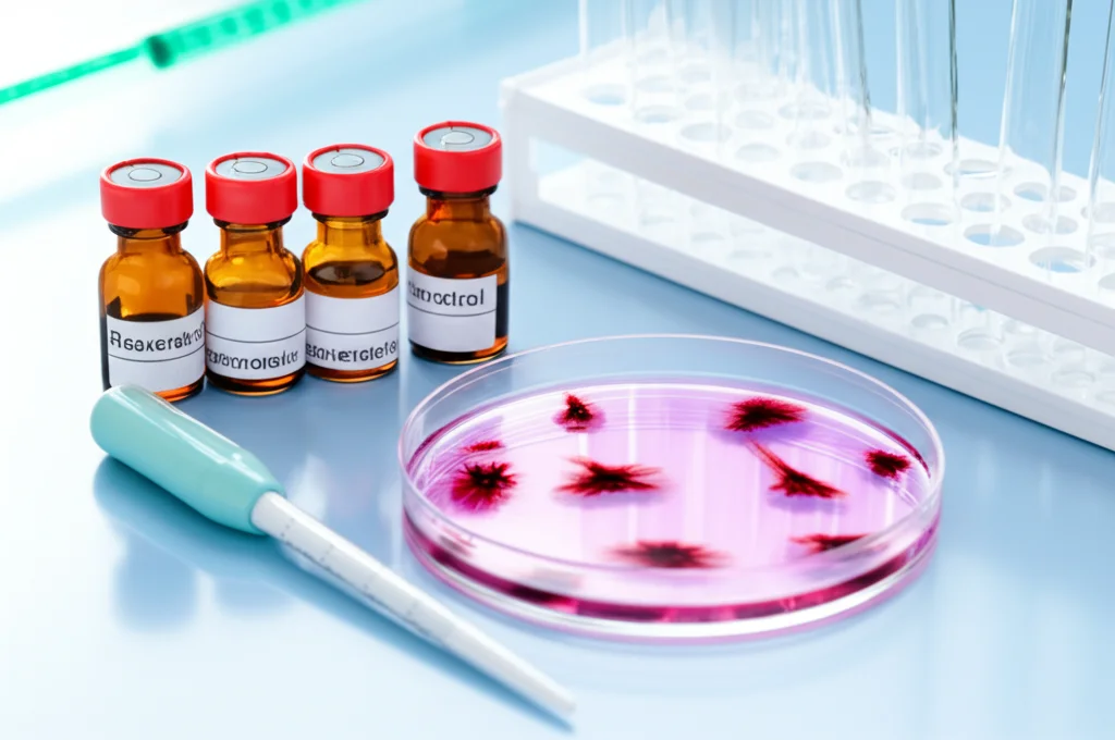 Fotografia still life in un laboratorio di ricerca: una piastra di Petri con cellule di osteosarcoma visibili al microscopio, trattate con resveratrolo. Accanto, fiale etichettate 'Resveratrol' e pipette. Obiettivo macro 60mm, messa a fuoco precisa sulle cellule nella piastra, illuminazione da laboratorio chiara e pulita.