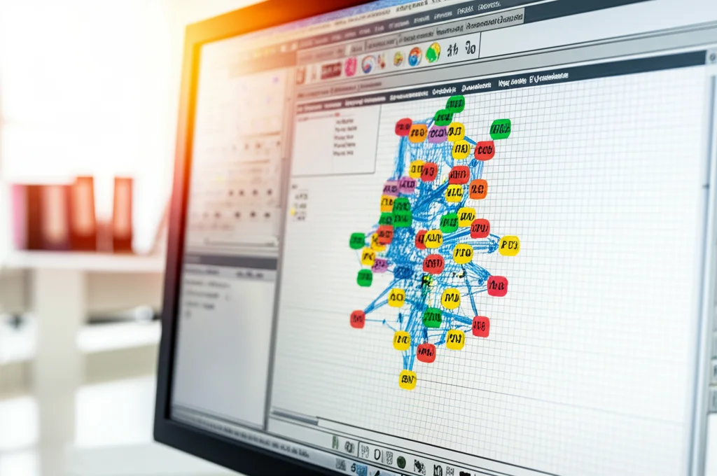 Schermo di computer in un laboratorio di bioinformatica che mostra complesse reti di interazione proteina-proteina (PPI network) colorate, derivate da dati trascrittomici di osteosarcoma, evidenziando i geni legati alla ferroptosi (GPX4, PTEN) e all'infiammazione (IL6, STAT3). Illuminazione ambientale da ufficio high-tech, messa a fuoco nitida sullo schermo, leggera profondità di campo sullo sfondo sfocato.