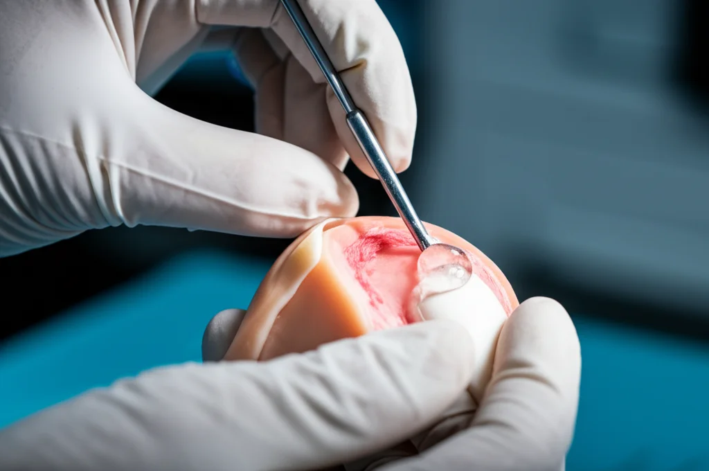 Close-up, lenti macro 100 mm, che mostrano le mani guantate di un chirurgo che applicano con cura un idrogel viscoso contenente cellule staminali mesenchimali (HUCB-MSC) su un'area di difetto della cartilagine preparata all'interno di un modello di articolazione del ginocchio, messa a fuoco precisa, illuminazione ad ambiente sterile.