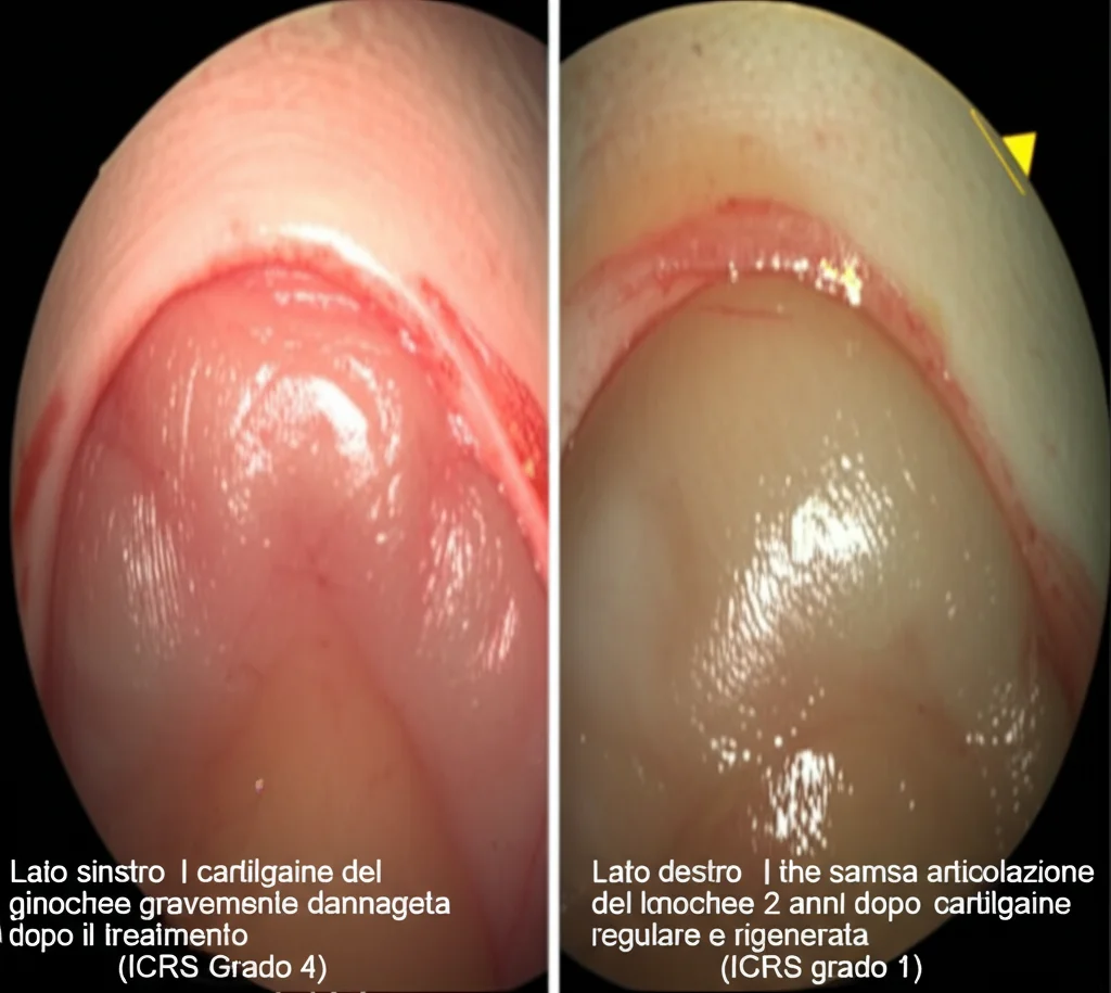 Confronto di immagini a schermo diviso, vista artroscopica, lente da 35 mm. Lato sinistro: cartilagine del ginocchio gravemente danneggiata (ICRS Grado 4). Lato destro: la stessa articolazione del ginocchio 2 anni dopo il trattamento che mostra cartilagine regolare e rigenerata (ICRS grado 1), chiara differenza visiva, illuminazione medica.