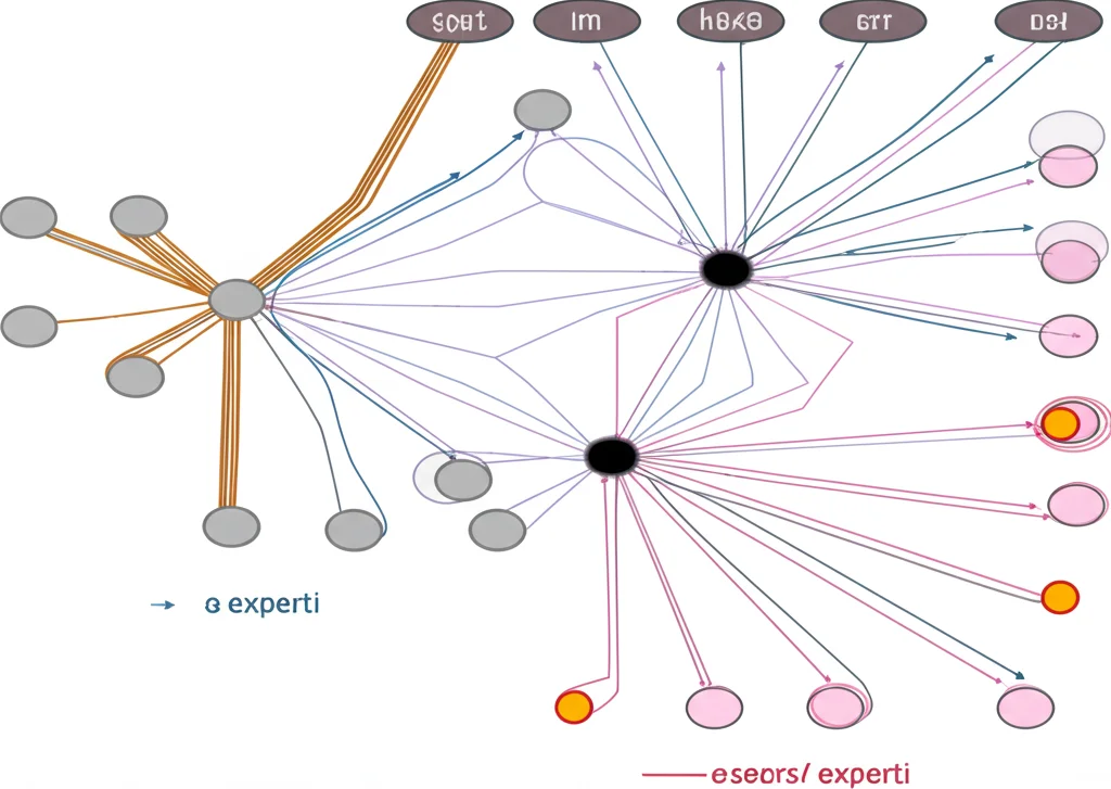 Visualizzazione astratta di una rete neurale Mixture of Experts (MoE) con percorsi luminosi che si diramano verso diversi 'esperti' colorati, rappresentando l'instradamento specifico per dominio. Stile macro, 85mm, alta definizione, illuminazione controllata sui percorsi attivi.