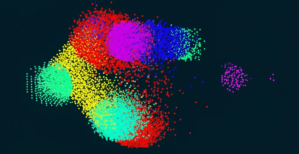 Grafico 3D astratto che mostra cluster distinti di punti colorati (vettori) in uno spazio tridimensionale, rappresentando la separazione efficace di diversi domini scientifici ottenuta con gli embedding vettoriali MoE. Stile wide-angle, 15mm, focus nitido sui cluster, sfondo scuro.