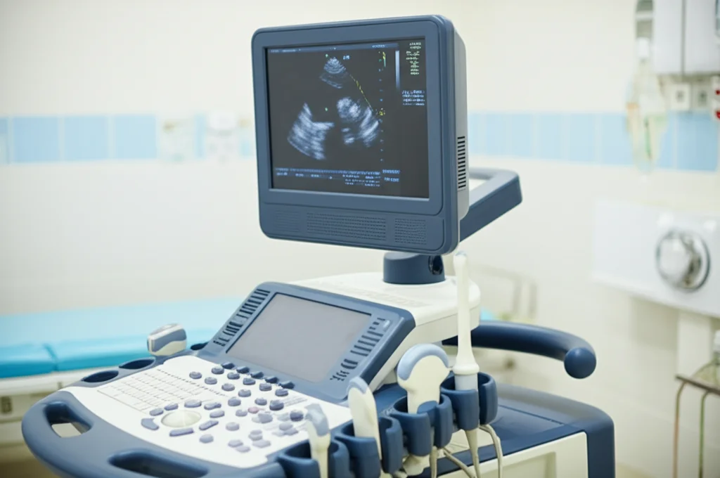 Fotografia di un ecocardiografo in funzione in una sala ospedaliera luminosa, con lo schermo che mostra immagini ecocardiografiche del cuore. Obiettivo 50mm, profondità di campo che sfoca leggermente lo sfondo per concentrarsi sulla macchina e sullo schermo, illuminazione clinica controllata.