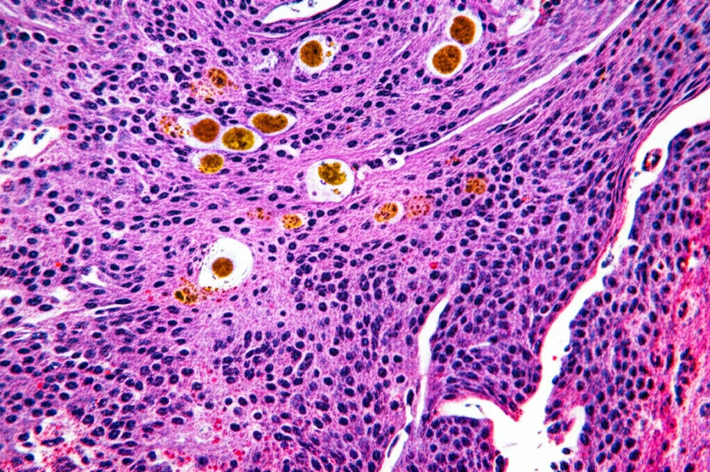 Visualizzazione 3D dettagliata di cellule immunitarie infiltranti un tessuto linfonodale affetto da DLBCL, con macrofagi M2 evidenziati in colore diverso. Macro lens, 90mm, high detail, precise focusing, illuminazione da microscopia a fluorescenza simulata.