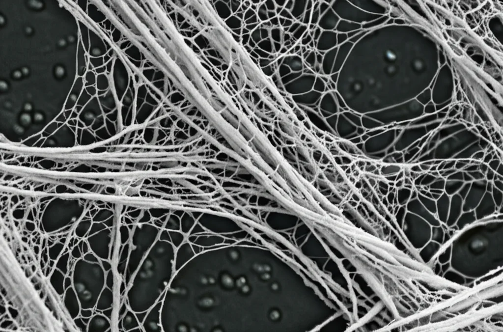 Macro fotografia, lente 60mm, di un biofilm di Pseudomonas aeruginosa che cresce su una superficie simulata di tessuto ustionato in laboratorio. L'immagine mostra in altissimo dettaglio la struttura viscosa e complessa della matrice extracellulare del biofilm, con illuminazione controllata per evidenziare le texture e la densità batterica.