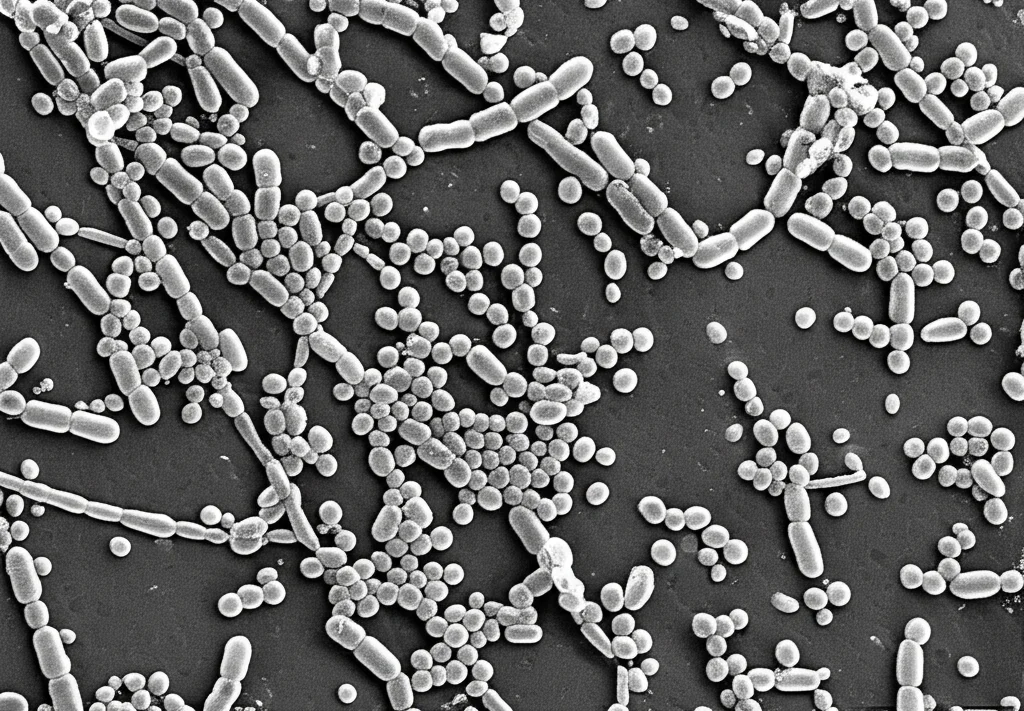 Immagine fotorealistica stile SEM (Microscopia Elettronica a Scansione) ad alta magnificazione (circa 20.000x). Mostra cellule batteriche di Pseudomonas aeruginosa dopo il trattamento combinato AgNPs@CL. Si notano evidenti danni cellulari: membrane perforate, cellule raggrinzite per stress osmotico, fuoriuscita di materiale intracellulare e formazione di vescicole sulla membrana (blebs), indicativi di grave compromissione cellulare. L'immagine ha un alto dettaglio e una profondità di campo ridotta.