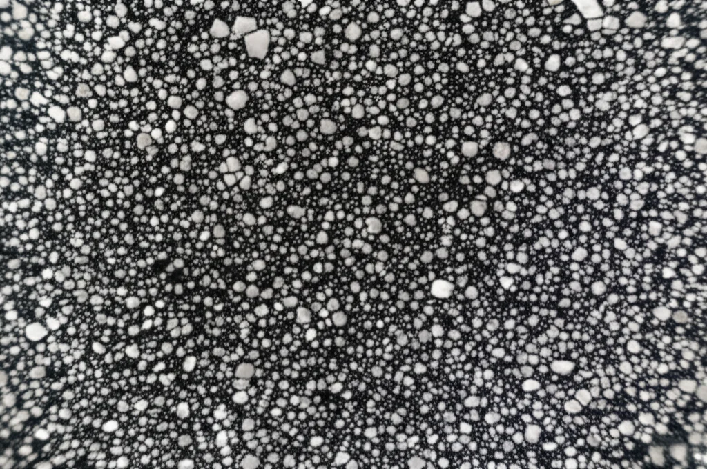 Fotografia macro ad alta definizione di microcristalli di perovskite Cs4PbBr6 dispersi uniformemente in una resina fotopolimerica trasparente prima della polimerizzazione. Obiettivo macro 100mm, illuminazione da laboratorio controllata per evidenziare la dispersione, messa a fuoco precisa sulle particelle cristalline.