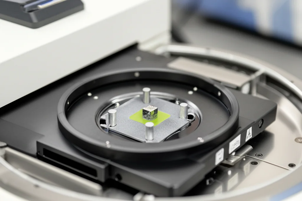 Immagine still life di un campione di resina composita polimerizzata contenente perovskite, posizionato all'interno di uno spettrometro FTIR in un laboratorio di ricerca. Obiettivo macro 60mm, alta definizione, illuminazione controllata che evidenzia la strumentazione scientifica e il campione sotto analisi.