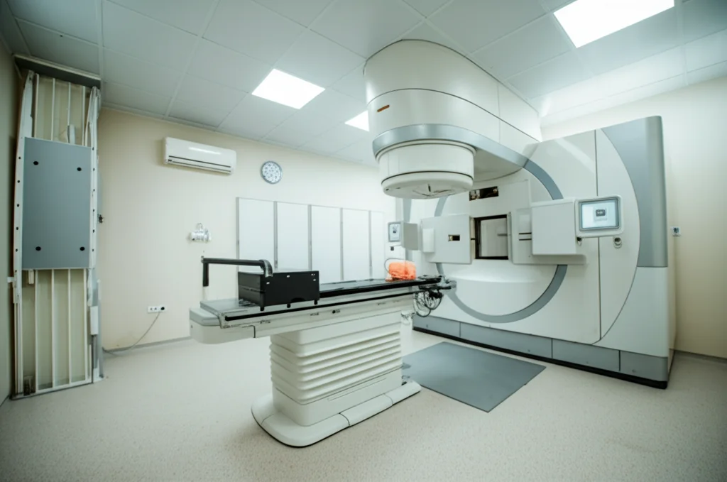 Fotografia di un acceleratore lineare medico (LINAC) in una sala di radioterapia, con il fascio puntato verso un fantoccio o un'area di trattamento simulata. Illuminazione clinica ambientale, obiettivo grandangolare 24mm per catturare l'ambiente tecnologico.