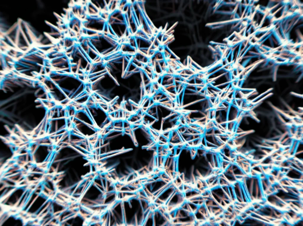 Fotografia macro, obiettivo 100mm, di una complessa struttura cristallina di zeolite Farneseite, illuminazione controllata per evidenziare i dettagli intricati dei pori e dei canali interconnessi, alta definizione, messa a fuoco precisa.