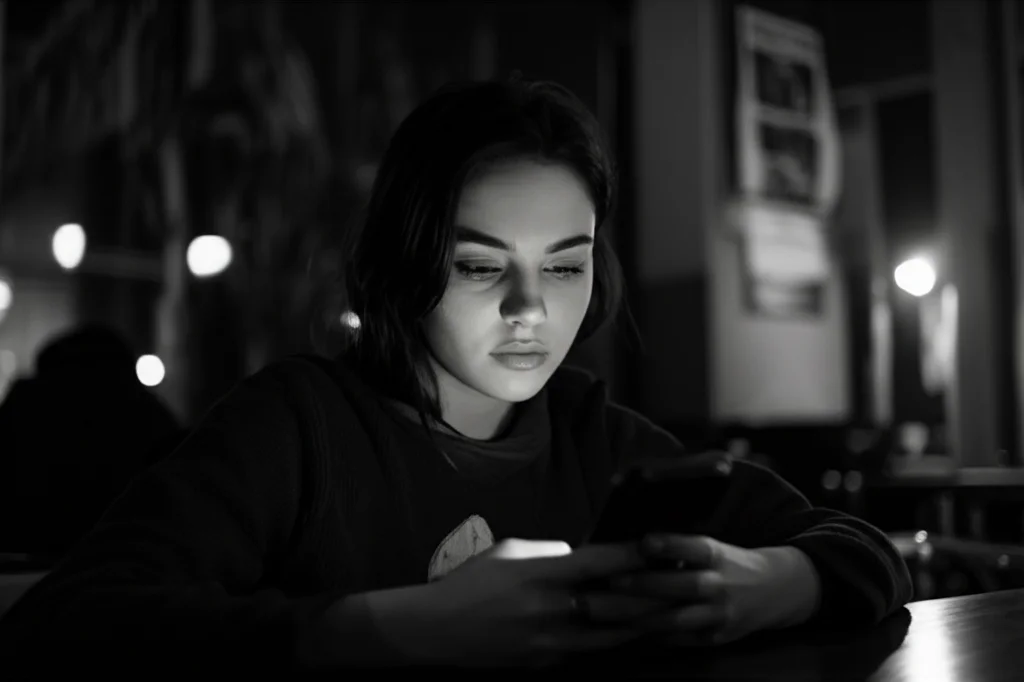 Ritratto di una giovane donna che guarda intensamente il suo telefono, seduta da sola in un caffè poco illuminato. Espressione preoccupata o ansiosa. Lente 50mm, stile film noir con forti contrasti tra luci e ombre, bianco e nero.