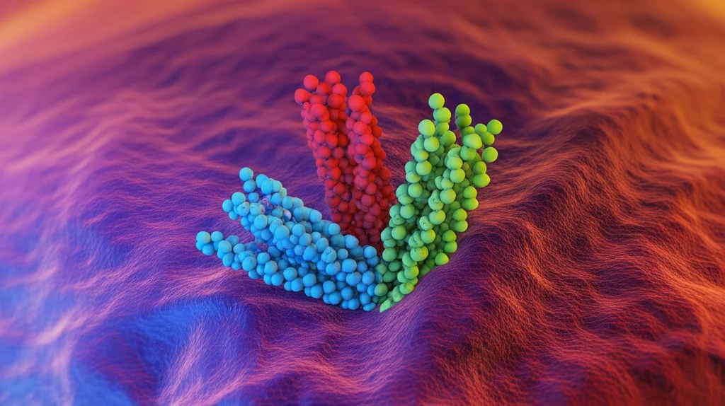 Visualizzazione 3D stilizzata di recettori GIPR e GLP-1R sulla superficie di un neurone cerebrale, illuminazione controllata, lente macro 100mm, alto dettaglio, colori complementari per distinguere i recettori.