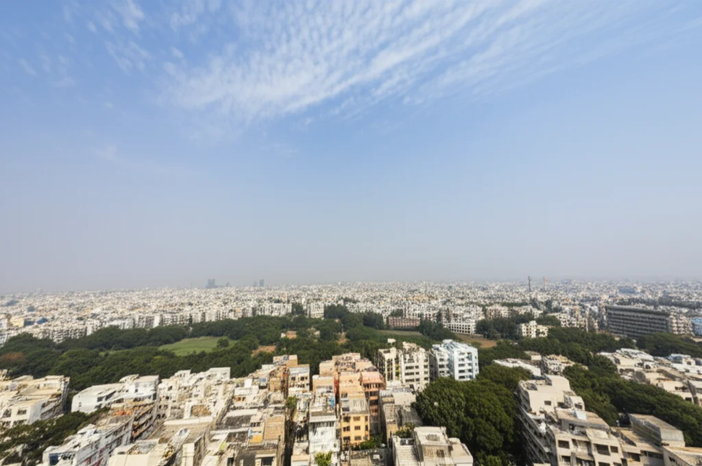 Paesaggio urbano ampio con obiettivo grandangolare 12mm che mostra una skyline di una città indiana più pulita e verde, con parchi visibili, tetti con pannelli solari e meno foschia, al confronto con una sezione più inquinata in lontananza, cielo sereno con nuvole soffici, esposizione lunga per rendere le nuvole leggermente mosse, focus nitido su tutta la scena.