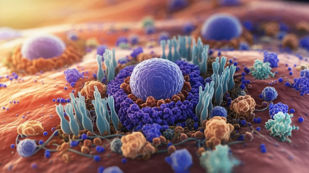 Illustrazione scientifica 3D della via di segnalazione NRF2-HMOX1 attivata dallo stress ossidativo in una cellula umana, colori vivaci (blu e arancio duotono), alta definizione, illuminazione drammatica che evidenzia i nuclei cellulari e le proteine coinvolte, profondità di campo.