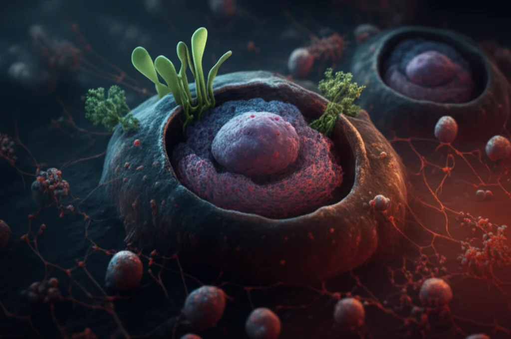 Visualizzazione concettuale dell'apoptosi bloccata in una cellula infetta da Leishmania, con proteine anti-apoptotiche Bcl2 (in verde brillante) attive e caspasi (in rosso spento) inattive, stile artistico scientifico, colori contrastanti, profondità di campo, sfondo scuro per enfasi.
