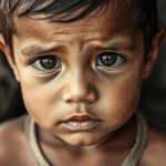 Fotografia di ritratto toccante di un bambino colombiano sotto i due anni in una comunità vulnerabile, i suoi occhi esprimono sia innocenza che le difficoltà della malnutrizione. Obiettivo 50mm, duotone seppia e grigio, profondità di campo che isola il bambino dal contesto difficile.