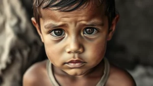 Fotografia di ritratto toccante di un bambino colombiano sotto i due anni in una comunità vulnerabile, i suoi occhi esprimono sia innocenza che le difficoltà della malnutrizione. Obiettivo 50mm, duotone seppia e grigio, profondità di campo che isola il bambino dal contesto difficile.