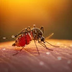 Fotografia macro ad alto dettaglio di una zanzara Aedes aegypti posata su pelle umana al tramonto nella foresta pluviale di Sabah, Malesia, illuminazione calda e controllata, obiettivo macro 90mm, messa a fuoco precisa sull'insetto e sulle goccioline di sudore sulla pelle.