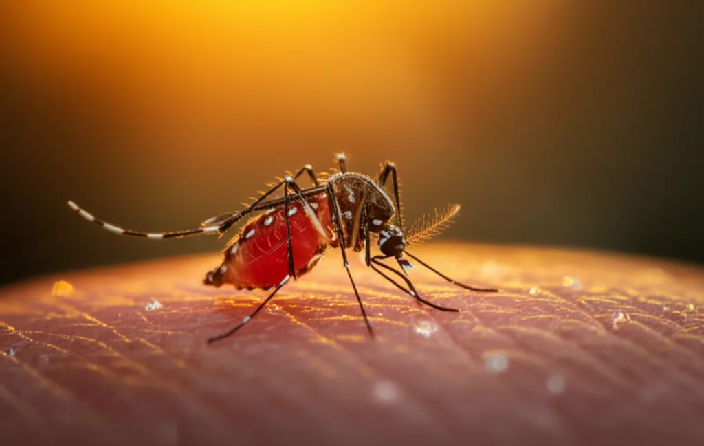 Fotografia macro ad alto dettaglio di una zanzara Aedes aegypti posata su pelle umana al tramonto nella foresta pluviale di Sabah, Malesia, illuminazione calda e controllata, obiettivo macro 90mm, messa a fuoco precisa sull'insetto e sulle goccioline di sudore sulla pelle.