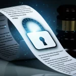 Illustrazione concettuale di un lucchetto digitale luminoso sovrapposto a un lungo documento di testo legale che si srotola, simboleggiando la privacy protetta e resa accessibile dalla tecnologia AI. Fotografia macro, obiettivo 100mm, illuminazione drammatica high-key, alta definizione, sfondo scuro e minimale.