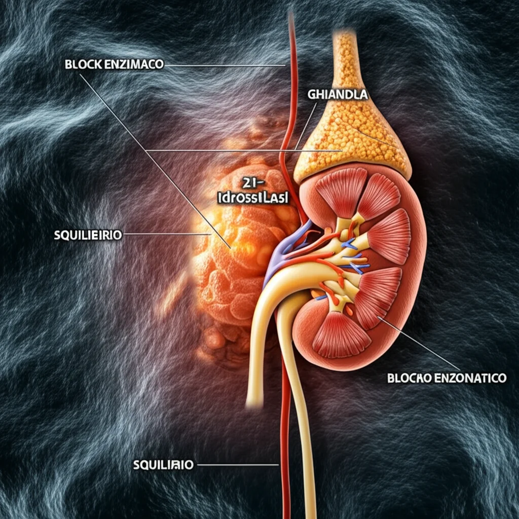 Illustrazione medica stilizzata che mostra la ghiandola surrenale con enfasi sul blocco enzimatico della 21-idrossilasi e il conseguente squilibrio ormonale, macro lens, 70mm, alta definizione, illuminazione drammatica.