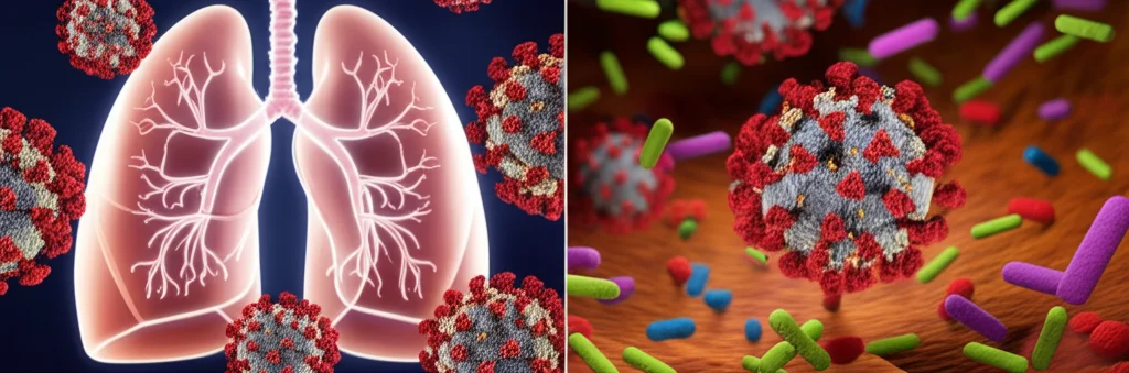 Immagine concettuale che mostra il virus SARS-CoV-2 (sfere stilizzate con spike protein rosse) che interagisce in modo diverso con due ecosistemi microbici distinti: uno rappresenta i polmoni (sfondo più arioso, colori chiari) e l'altro l'intestino (sfondo più denso, colori caldi). I batteri (forme diverse e colorate) mostrano composizioni differenti nei due ambienti e in risposta al virus. Macro lens, 85mm, high detail, precise focusing, controlled lighting, effetto profondità di campo che sfoca leggermente lo sfondo per mettere a fuoco l'interazione virus-batteri.