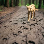 Immagine fotorealistica che illustra il concetto One Health: un primo piano sfocato di impronte di cane e sciacallo dorato che si intersecano con impronte umane su terreno umido ai margini di una foresta iraniana vicino al Mar Caspio. Obiettivo prime 35mm, profondità di campo ridotta, luce naturale filtrata, per simboleggiare la connessione tra fauna selvatica, animali domestici e salute umana.