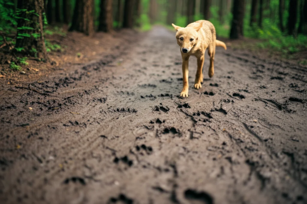 Immagine fotorealistica che illustra il concetto One Health: un primo piano sfocato di impronte di cane e sciacallo dorato che si intersecano con impronte umane su terreno umido ai margini di una foresta iraniana vicino al Mar Caspio. Obiettivo prime 35mm, profondità di campo ridotta, luce naturale filtrata, per simboleggiare la connessione tra fauna selvatica, animali domestici e salute umana.