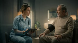 Immagine fotorealistica che mostra un'infermiera sorridente che discute con calore un piano di assistenza personalizzato su un tablet con un paziente anziano seduto comodamente su una poltrona nel suo soggiorno luminoso dopo un intervento all'anca. Obiettivo prime 35mm, toni caldi duo-tono (ambra e grigio chiaro), profondità di campo media, luce soffusa e naturale proveniente da una finestra laterale.