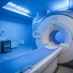 Immagine fotorealistica di un moderno scanner per Risonanza Magnetica (MRI) in una sala diagnostica high-tech, luci soffuse bluastre, prospettiva leggermente angolata, lente 24mm, focus nitido sulla macchina.