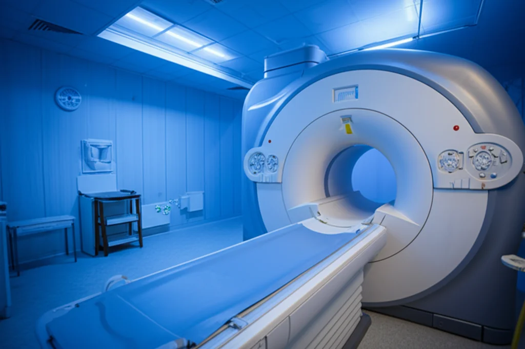Immagine fotorealistica di un moderno scanner per Risonanza Magnetica (MRI) in una sala diagnostica high-tech, luci soffuse bluastre, prospettiva leggermente angolata, lente 24mm, focus nitido sulla macchina.