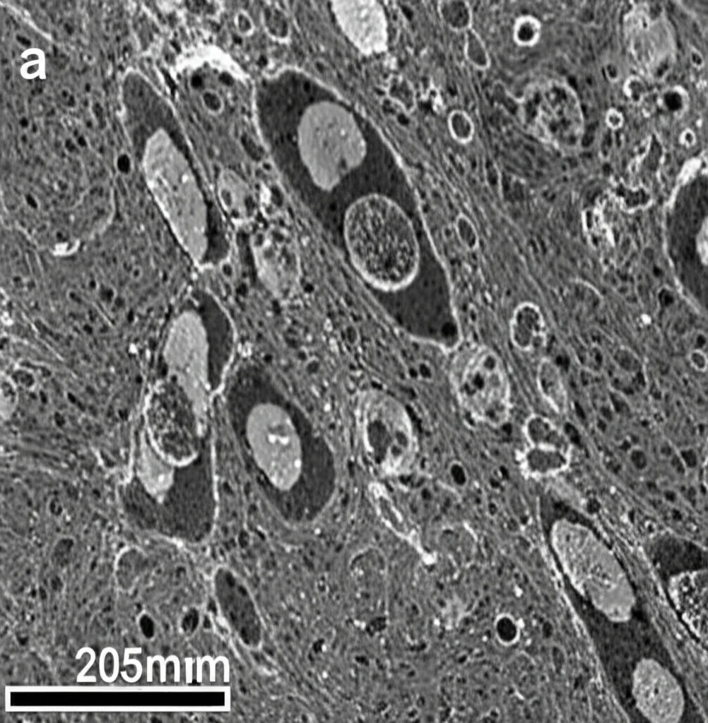 Micrografia elettronica a trasmissione di un macrofago alveolare suino (cellula 3D4/21) trattato con la tossina CDT di Glaesserella parasuis, che mostra segni iniziali di ferroptosi come alterazioni mitocondriali e accumulo lipidico. Obiettivo macro 105mm, alto dettaglio, illuminazione controllata per evidenziare le strutture subcellulari.