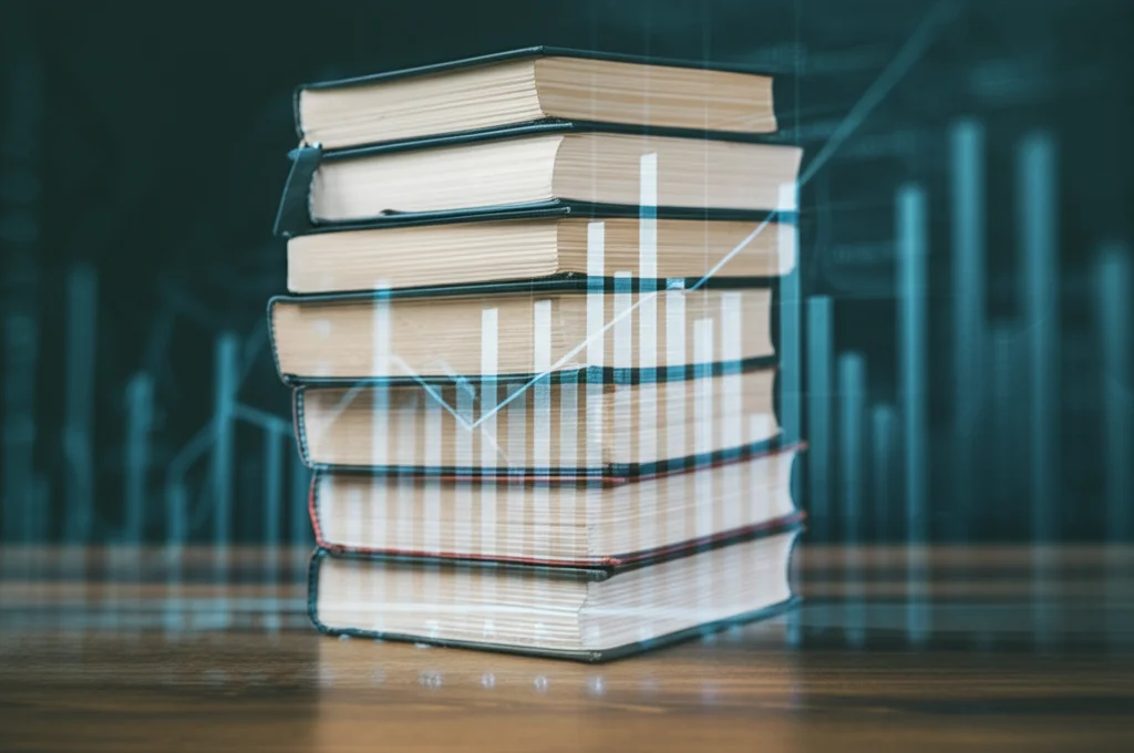 Pila di libri accademici su una scrivania di legno scuro, con un grafico di dati sulle citazioni proiettato debolmente sullo sfondo, illuminazione controllata, obiettivo macro 85mm, alta definizione, atmosfera da studio accademico.