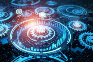 Concetto astratto di ottimizzazione multi-obiettivo applicata a test di affidabilità industriale, visualizzato come ingranaggi interconnessi e grafici di performance che si bilanciano su una complessa struttura digitale, illuminazione high-tech, obiettivo 35mm, profondità di campo per evidenziare l'equilibrio.