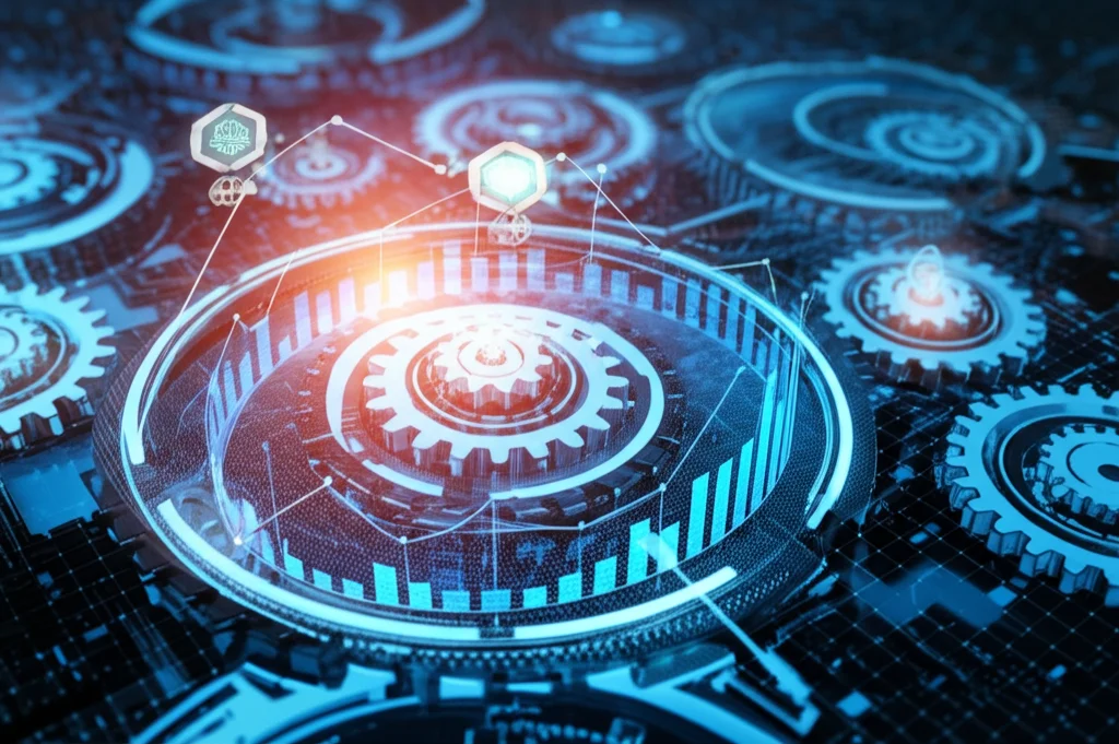 Concetto astratto di ottimizzazione multi-obiettivo applicata a test di affidabilità industriale, visualizzato come ingranaggi interconnessi e grafici di performance che si bilanciano su una complessa struttura digitale, illuminazione high-tech, obiettivo 35mm, profondità di campo per evidenziare l'equilibrio.