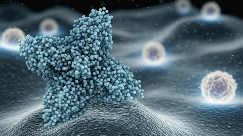 Immagine concettuale, obiettivo fisso 35mm, che mostra una struttura proteica TIGAR stilizzata bloccata o disattivata, permettendo alle cellule immunitarie (cellule T luminose) di attaccare le cellule tumorali (forme più scure e astratte) sullo sfondo, profondità di campo, bicromia blu e grigio.