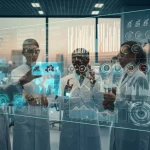 Immagine fotorealistica di un moderno laboratorio di ricerca high-tech. Al centro, un gruppo eterogeneo di scienziati collabora attorno a un display olografico complesso che mostra dati scientifici e grafici di progressione. Sullo sfondo, grandi finestre rivelano un paesaggio urbano al tramonto, simboleggiando l'impatto della scienza sulla società e l'obiettivo istituzionale della ricerca. Prime lens 24mm, profondità di campo che mantiene a fuoco sia gli scienziati che l'ologramma, illuminazione controllata e leggermente calda.