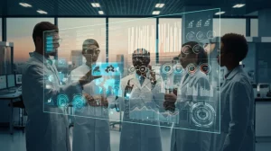 Immagine fotorealistica di un moderno laboratorio di ricerca high-tech. Al centro, un gruppo eterogeneo di scienziati collabora attorno a un display olografico complesso che mostra dati scientifici e grafici di progressione. Sullo sfondo, grandi finestre rivelano un paesaggio urbano al tramonto, simboleggiando l'impatto della scienza sulla società e l'obiettivo istituzionale della ricerca. Prime lens 24mm, profondità di campo che mantiene a fuoco sia gli scienziati che l'ologramma, illuminazione controllata e leggermente calda.