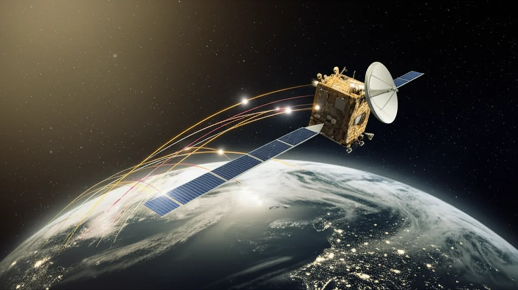 Immagine fotorealistica di un satellite LEO che trasmette dati verso una stazione di terra stilizzata, con scie luminose che rappresentano il flusso sicuro di informazioni. La Terra è visibile sullo sfondo. Obiettivo zoom 35mm, profondità di campo per mettere a fuoco il satellite, toni blu e oro duotone per un look tecnologico e affidabile.