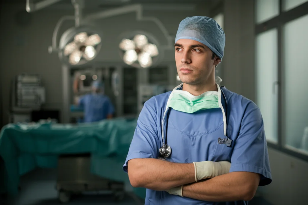 Immagine fotorealistica di uno specializzando in chirurgia pensieroso in un corridoio d'ospedale, luce soffusa proveniente da una finestra, sullo sfondo sfocato si intravede una sala operatoria. Obiettivo 50mm, profondità di campo, toni leggermente freddi per suggerire stress ma anche riflessione.