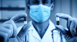 Immagine fotorealistica, prime lens 35mm, profondità di campo. Immagine divisa: a sinistra, una mano tiene pillole di metadone; a destra, una mano tiene una capsula di diazossido. Sfondo sfocato di un ambiente ospedaliero. Effetto duotone blu e grigio, per un'atmosfera clinica ma seria.