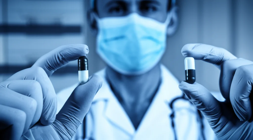 Immagine fotorealistica, prime lens 35mm, profondità di campo. Immagine divisa: a sinistra, una mano tiene pillole di metadone; a destra, una mano tiene una capsula di diazossido. Sfondo sfocato di un ambiente ospedaliero. Effetto duotone blu e grigio, per un'atmosfera clinica ma seria.