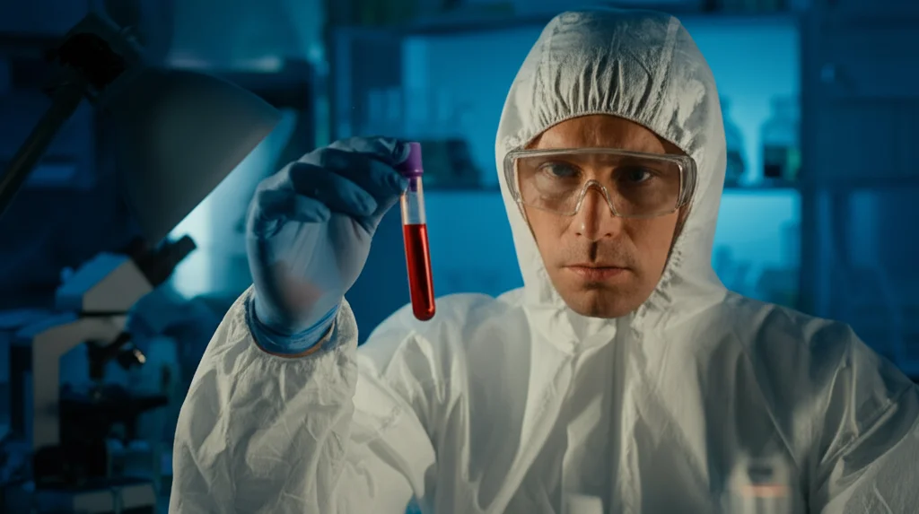 Ricercatore in tuta protettiva BSL-4 osserva attentamente una provetta contenente un campione biologico rosso (simulante sangue infetto da Ebola), sfondo laboratorio high-tech con microscopi e strumentazione scientifica, luce controllata e drammatica, focus preciso sulla provetta e sul volto concentrato del ricercatore, lente macro 90mm, alta definizione, atmosfera di ricerca intensa contro l'Ebola.