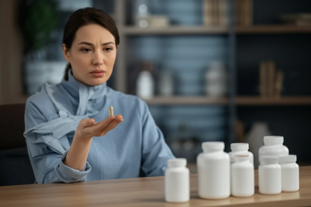 Una donna dall'aspetto sano ma con espressione leggermente preoccupata tiene in mano una capsula di integratore alimentare, con flaconi di integratori sfocati sullo sfondo. Ritratto, lente 35mm, profondità di campo che isola la donna e la capsula, illuminazione naturale morbida.