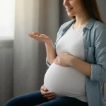 Una donna incinta sorridente tiene in mano una capsula di integratore, luce naturale soffusa che entra da una finestra, stile ritratto 35mm, colori caldi e rassicuranti, profondità di campo ridotta per mettere a fuoco il volto e la capsula.